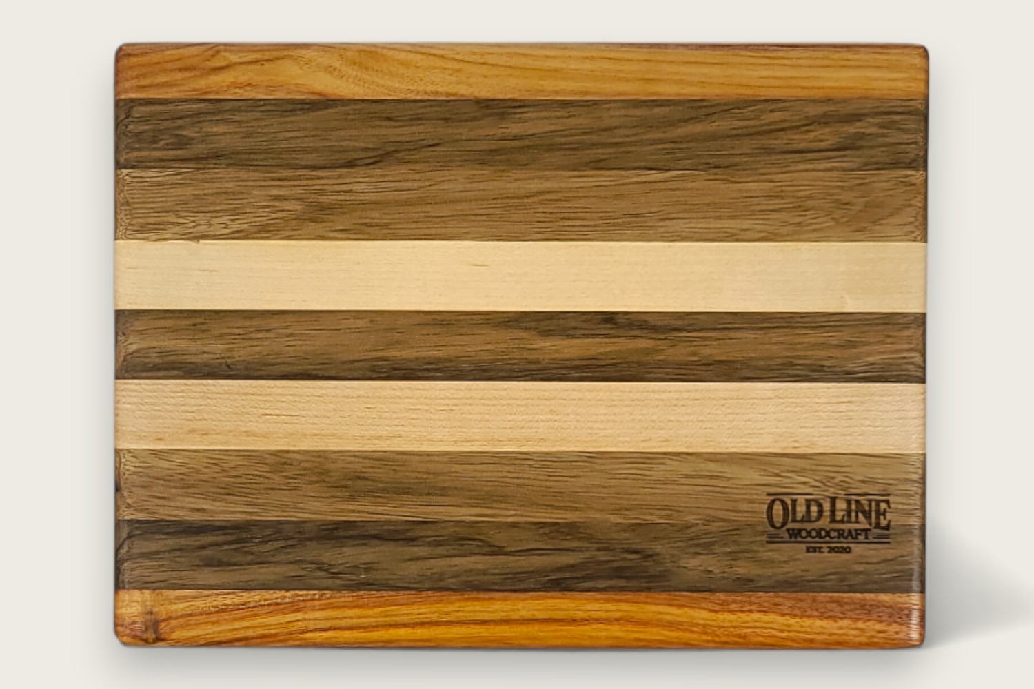 Black Limba & Maple Prep Board (#155), rectangular edge-grain design with dark brown tones and natural Tung oil finish.